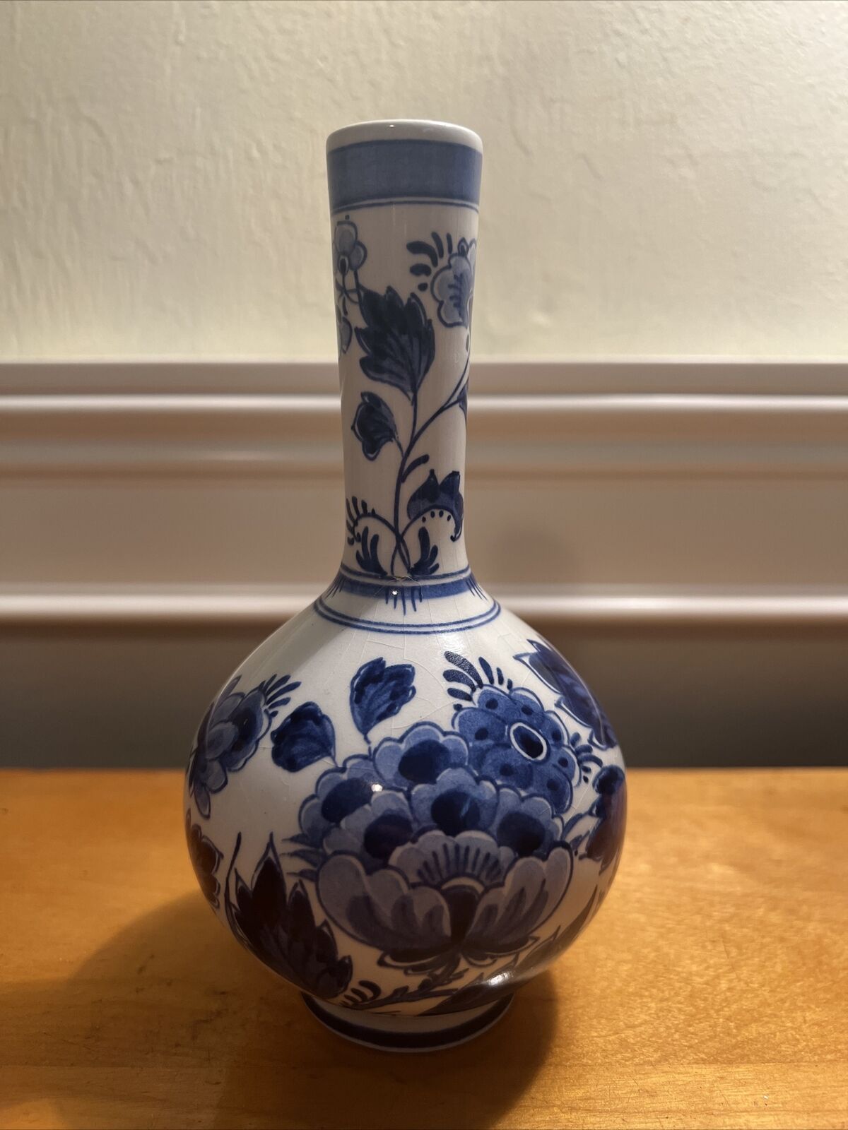 VTG DELFT 6.5” Tall Vase, Blue Floral Design, Marked 1250-EOL-CV