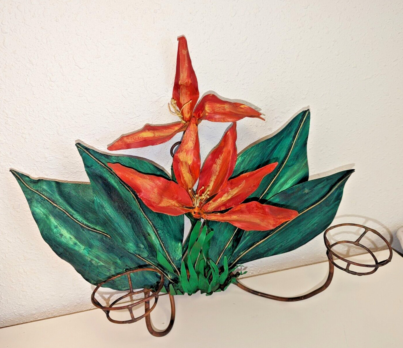 Vintage Handmade copper Bird Of Paradise Wall Hanging sconce Flowers MCM art