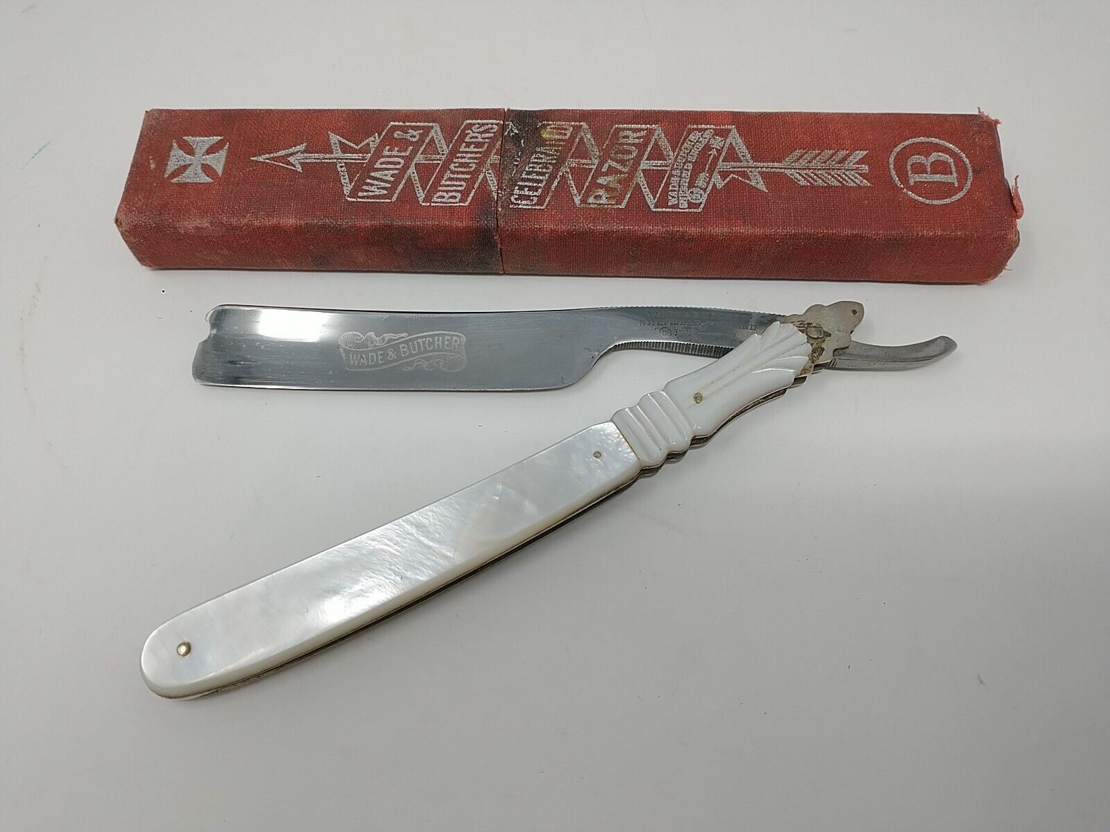 Antique Wade & Butcher Celebrated Straight Razor with Box Mother of Pearl Scales
