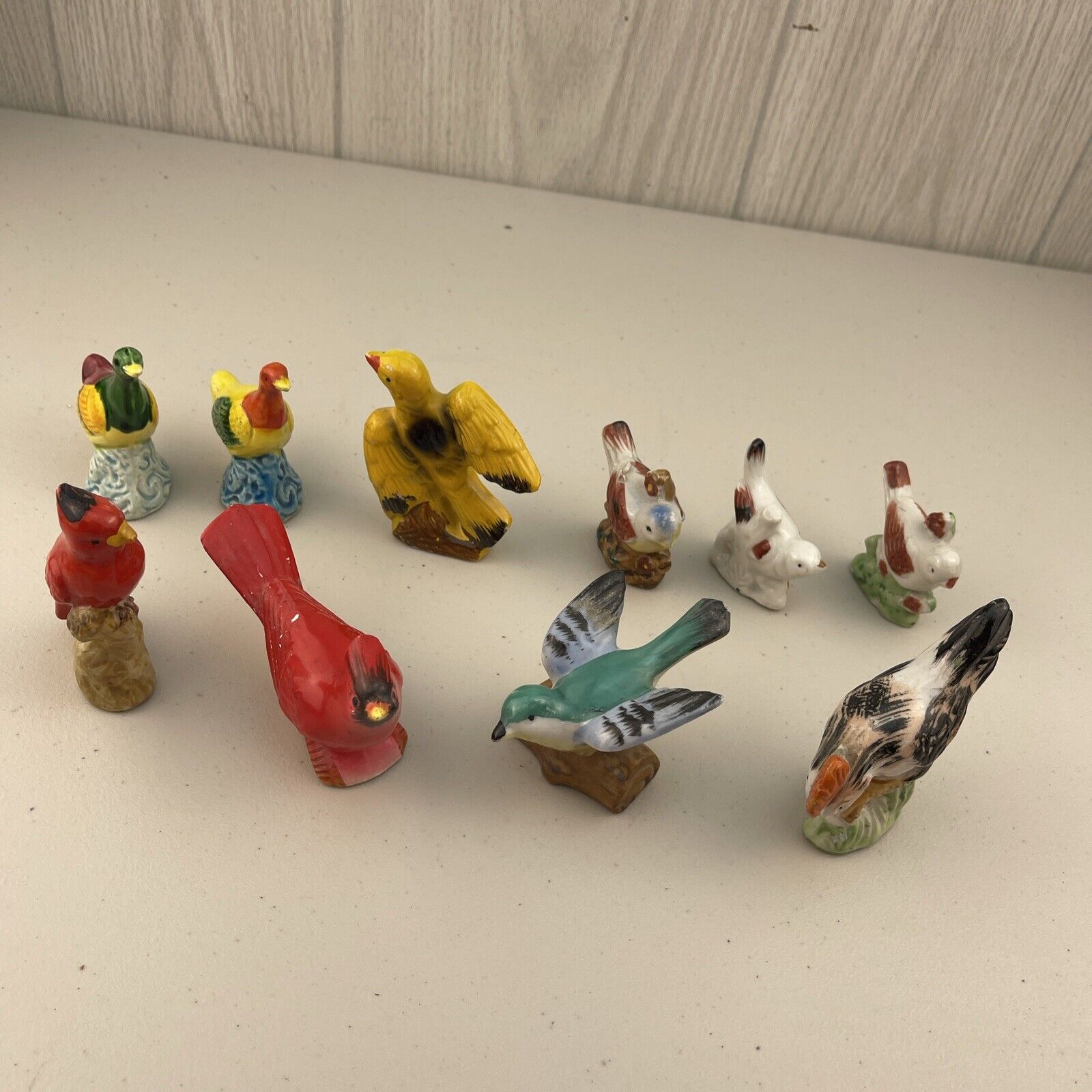 Vintage LOT OF 10 Japan Miniature Bird Figurines Chicken Cardinal Duck Bluejay