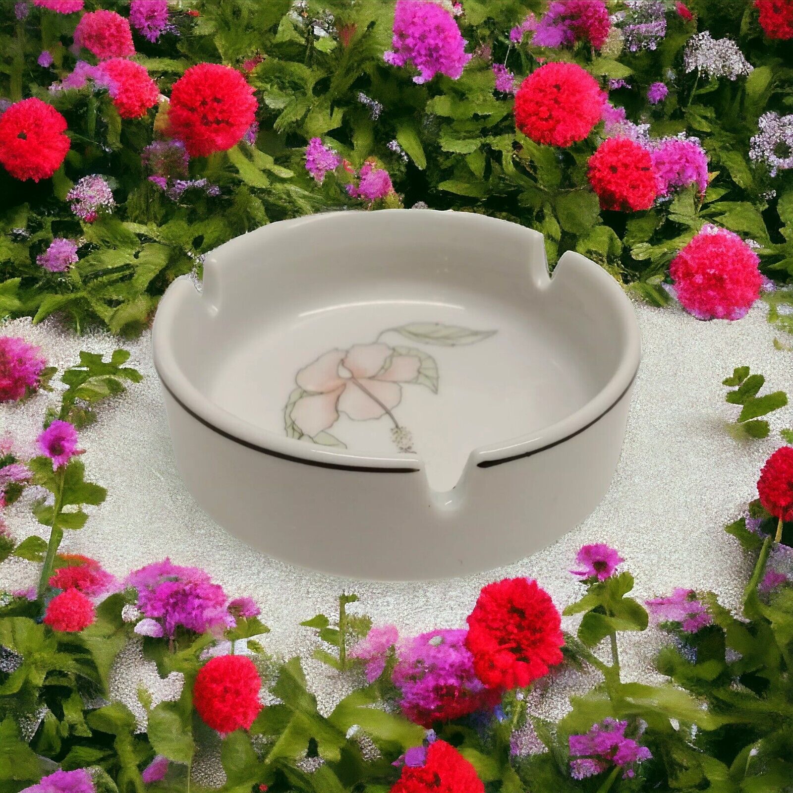 Pillivuyt Porcelain Ashtray France Vintage Floral Round Depuis Pink White I 963