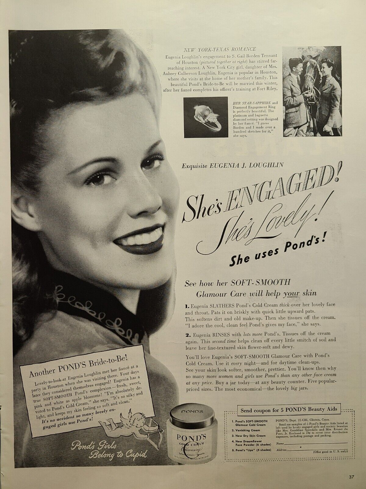 Vintage Print Ad 1942 WWII Pond\'s Cold Cream Cleansing Engaged Beauty Cupid Ring