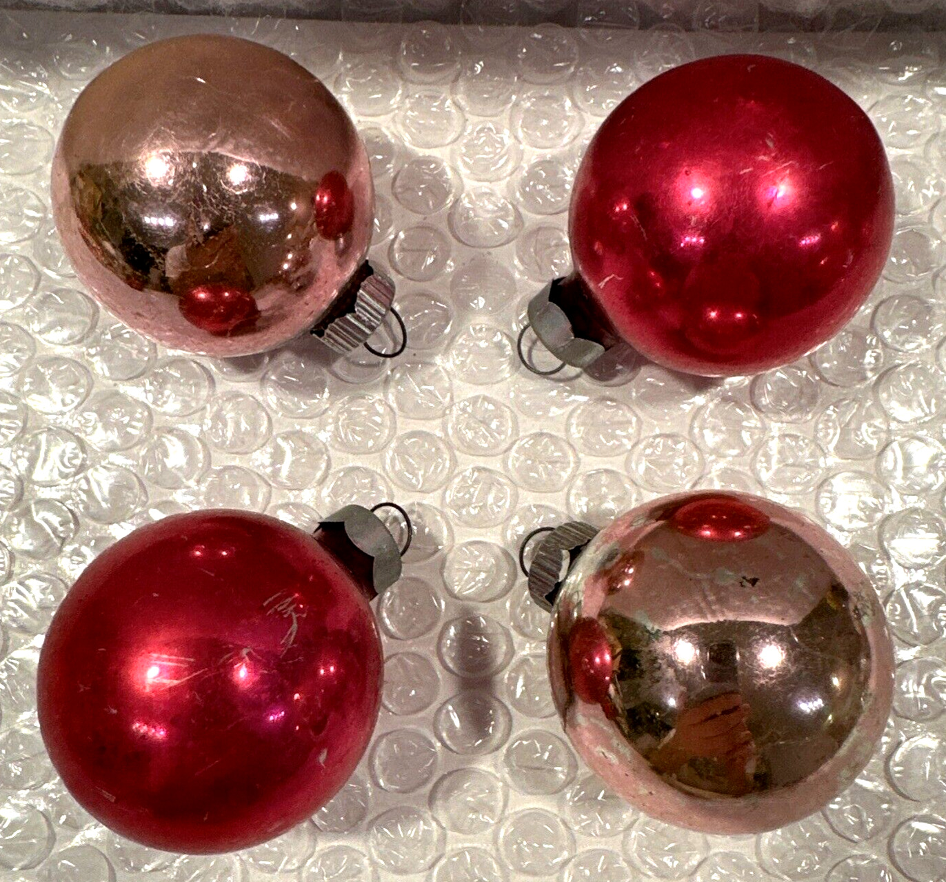 4 Vintage 1960s Mercury Glass 2 Red 2 Pink Shiny Brite Christmas Ornaments 1.75”
