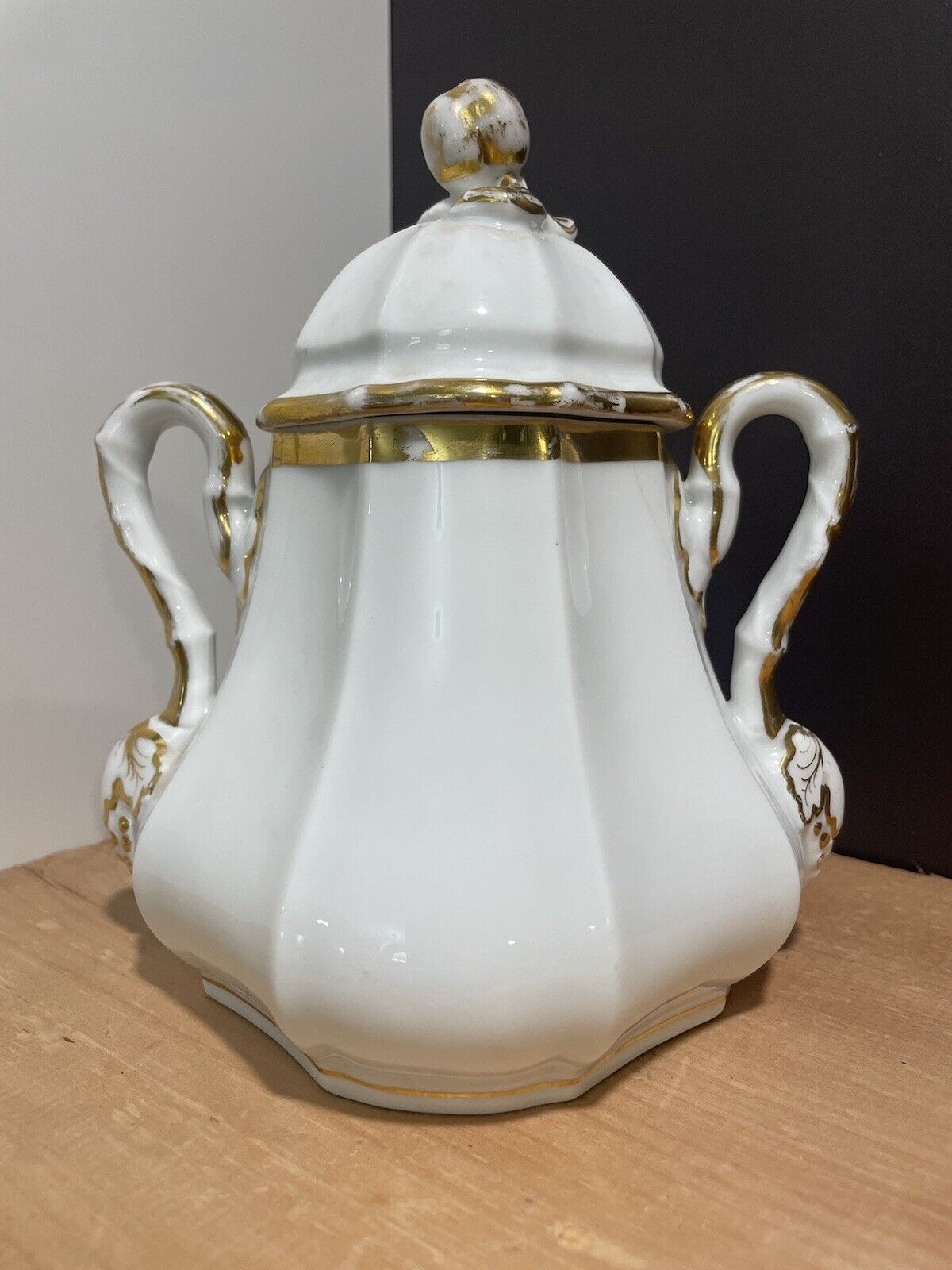 Antique Haviland Paris Porcelain Large Sugar Bowl Urn White Gold 19th Century