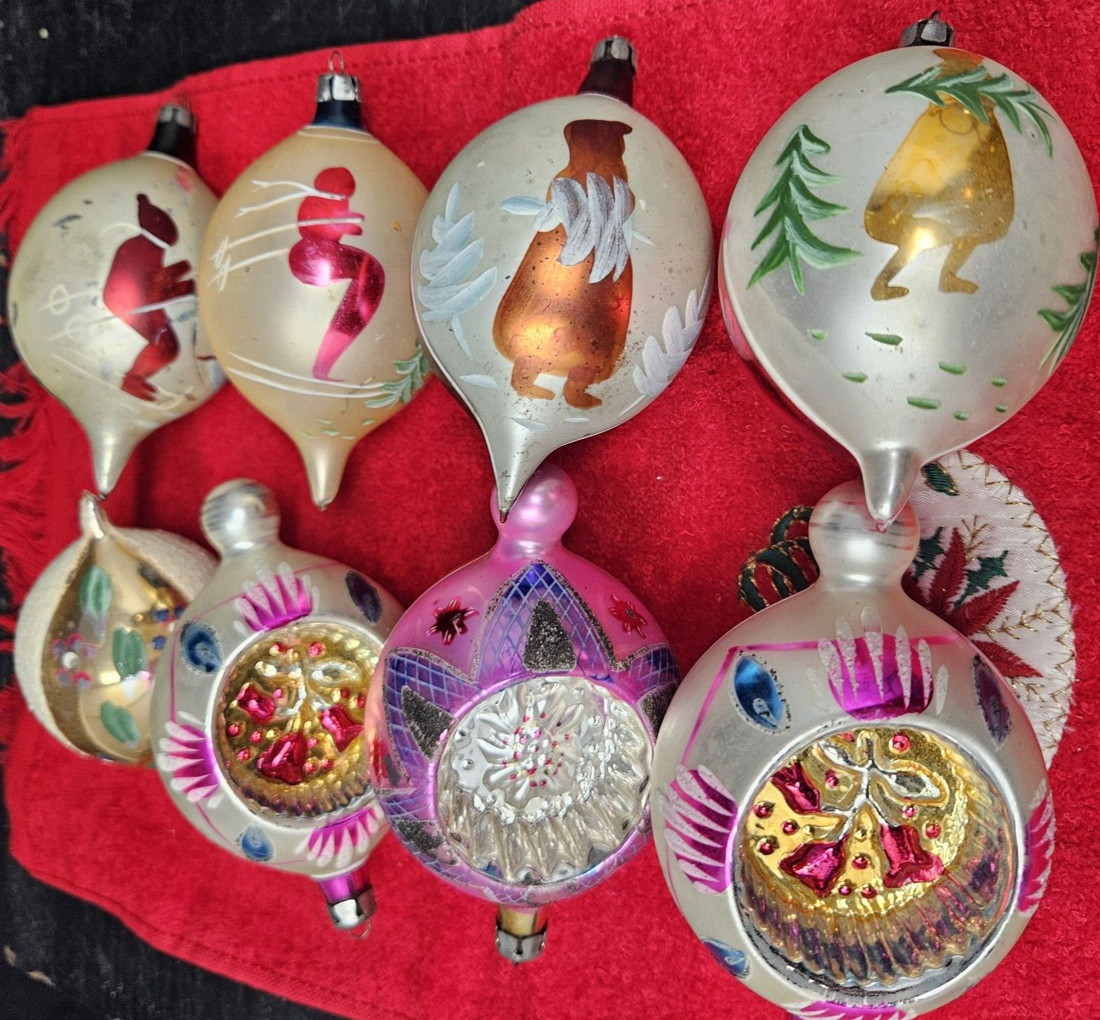 8 Vtg Fantasia Poland Mercury Glass Christmas Ornaments Indents & Finials 1960s