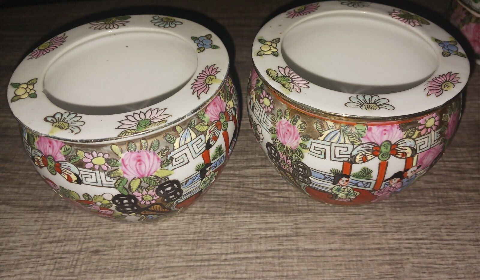 vintage Matching Chinese Famille Rose Wide Mouth Vases/Planters