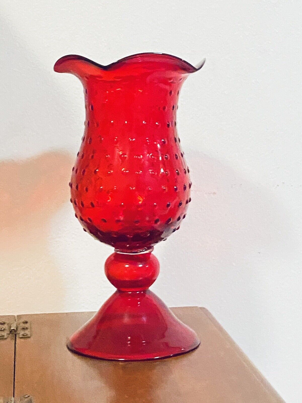 Vintage Fenton Cranberry Ruffled Hobnail Large Vase 13” Tall USA Rare