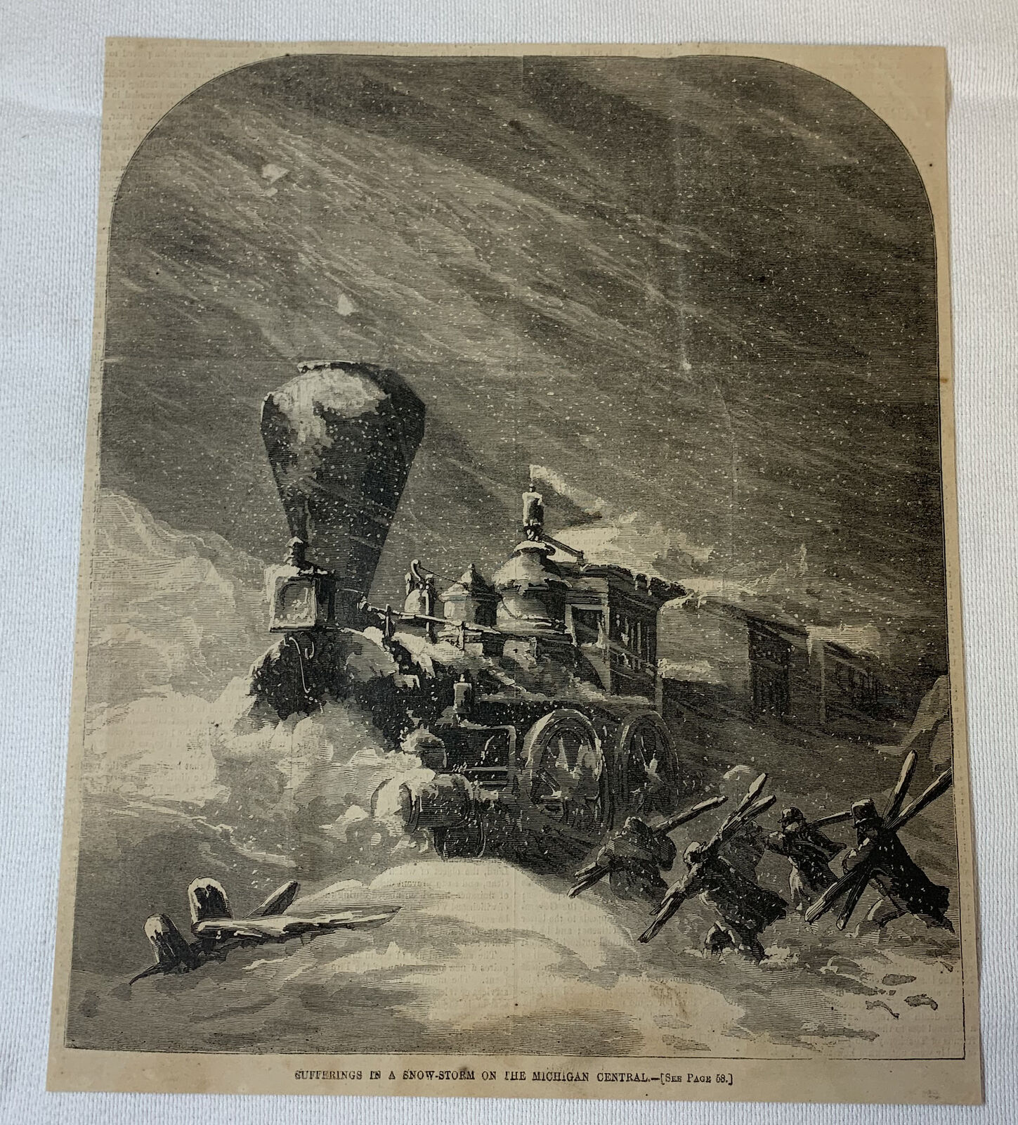 1864 magazine engraving ~ SNOW STORM ON MICHIGAN CENTRAL RAILROAD