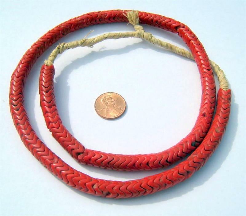 Glass Snake Beads, Coral Color 9mm Nigeria African Red Unusual Large Hole