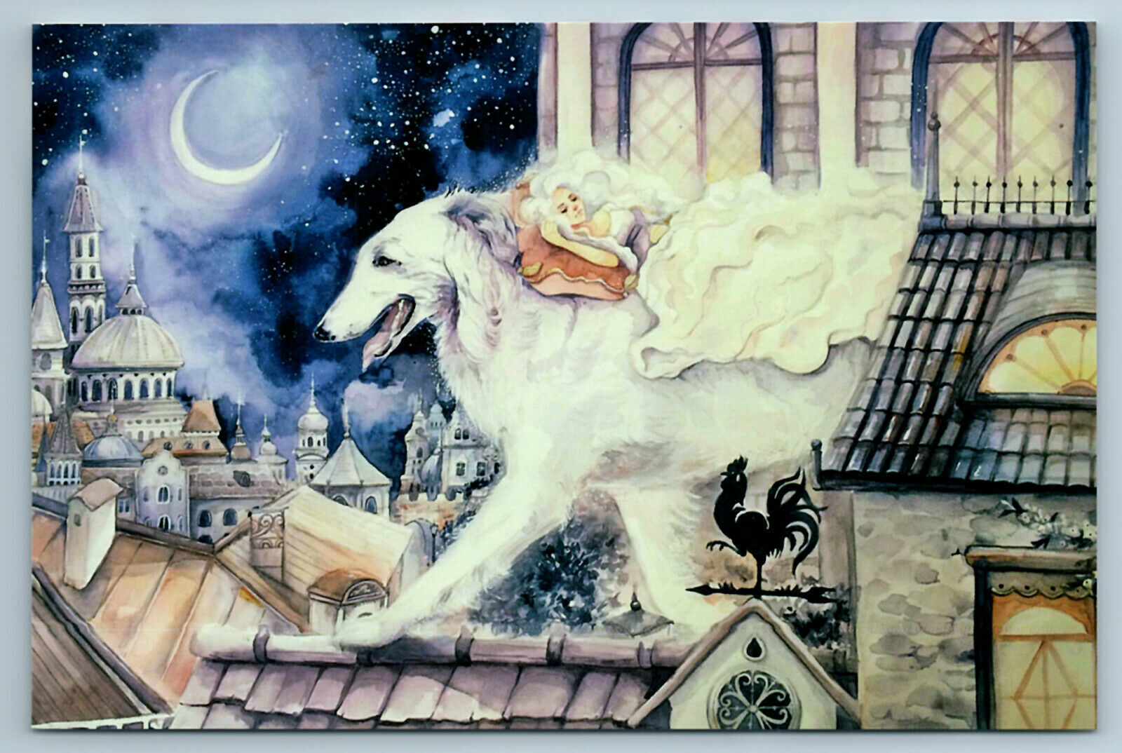 TINDER BOX Girl Princess on Dog Borzoi Fantasy City Moon Russian New postcard