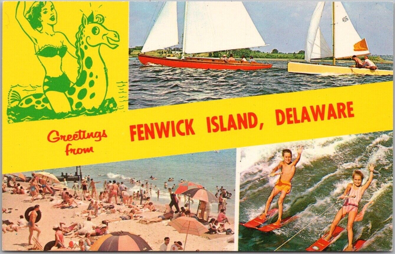 Vintage FENWICK ISLAND, Delaware Postcard Multi-View Beach & Water-Skiing Scenes