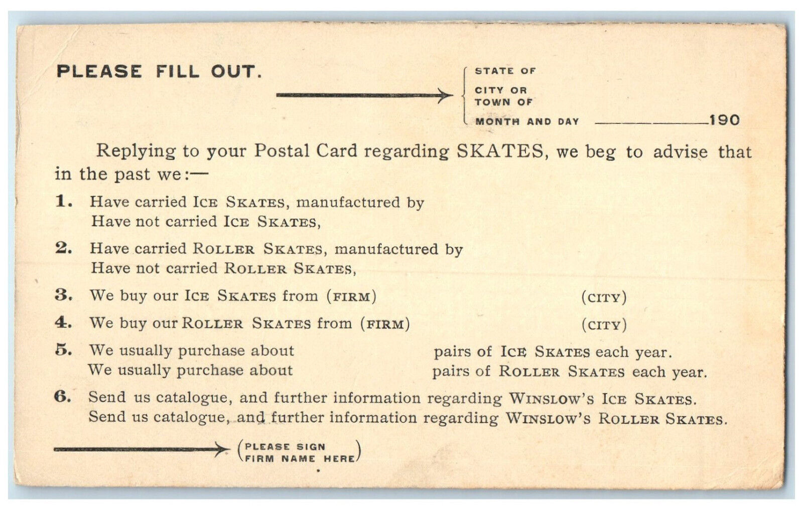 c1900\'s The Samuel Winslow Skate Mfg. Co. Worcester Massachusetts MA Postal Card