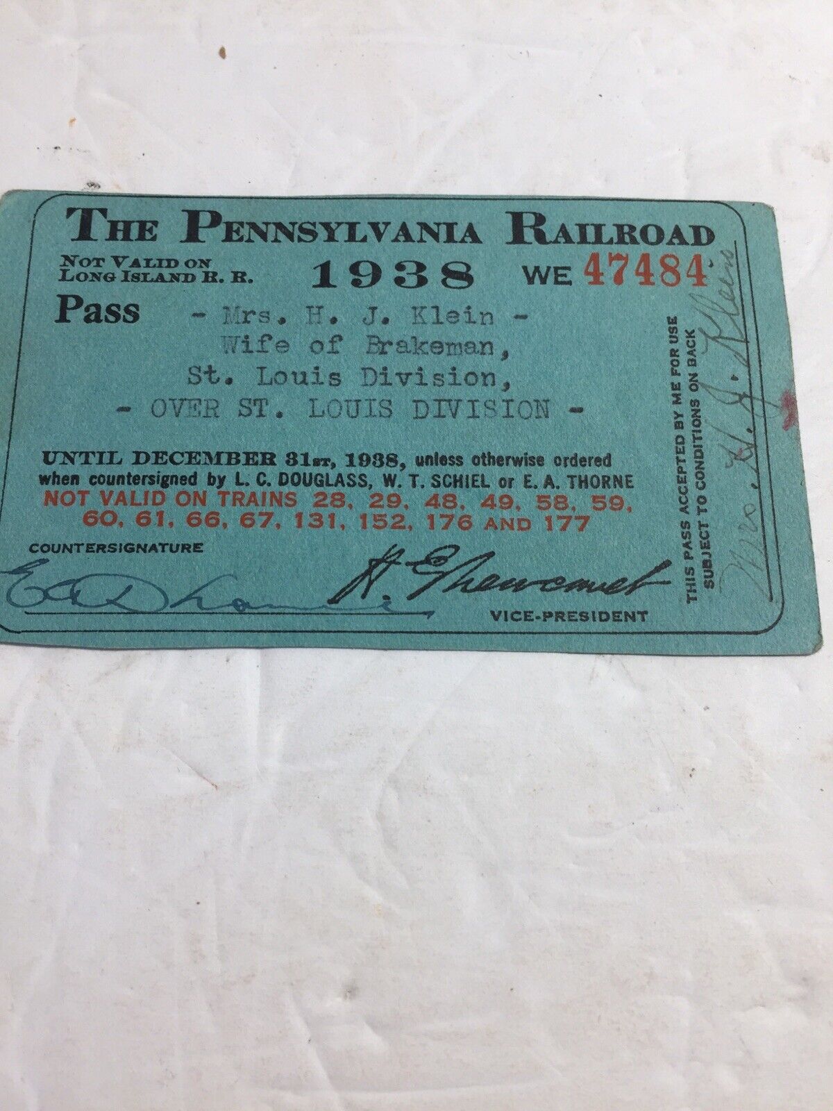 Vintage 1938 Pennsylvania Railroad Pass . St. Louis Division