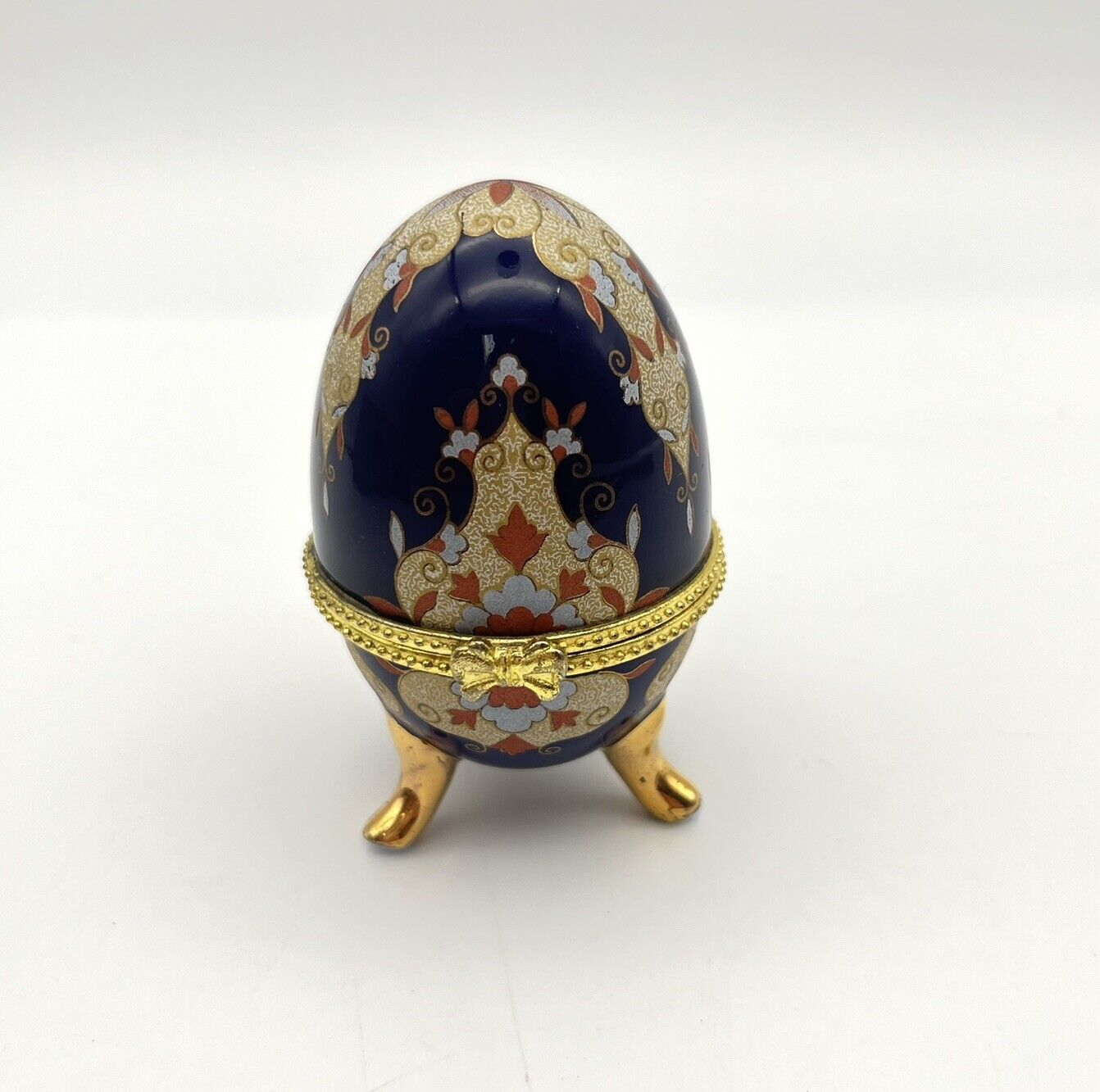 Vintage Egg Shaped Porcelain Trinket Gift Box Footed Hinged Blue Gold Floral