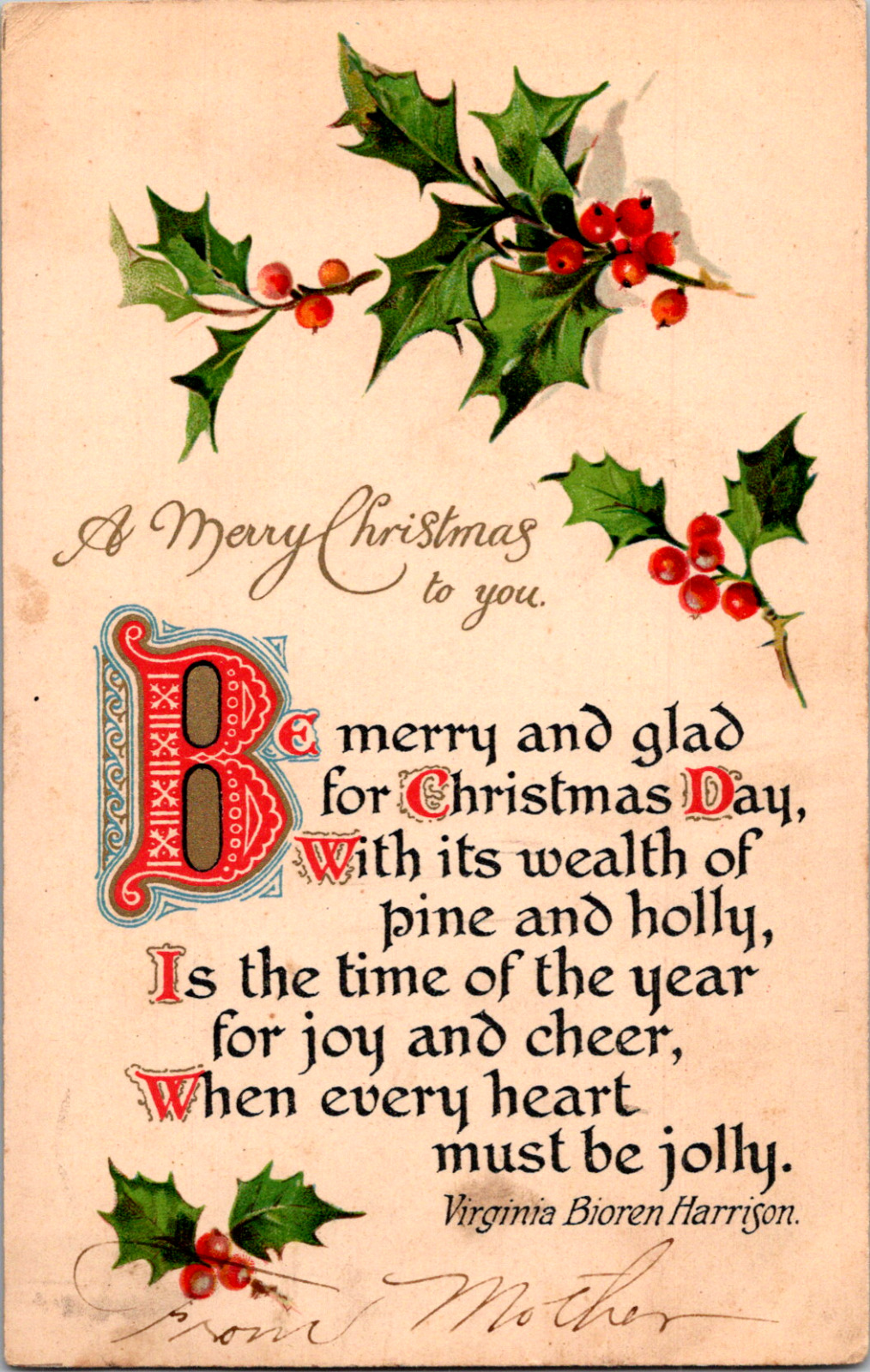 Vintage 1906 Merry Christmas Virginia Bioren Harrison Poem Postcard Lock Haven 