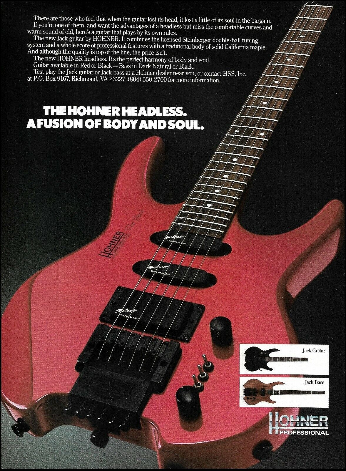 Hohner Headless Jack electric guitar & The Jack Bass ad 1990 advertisement print