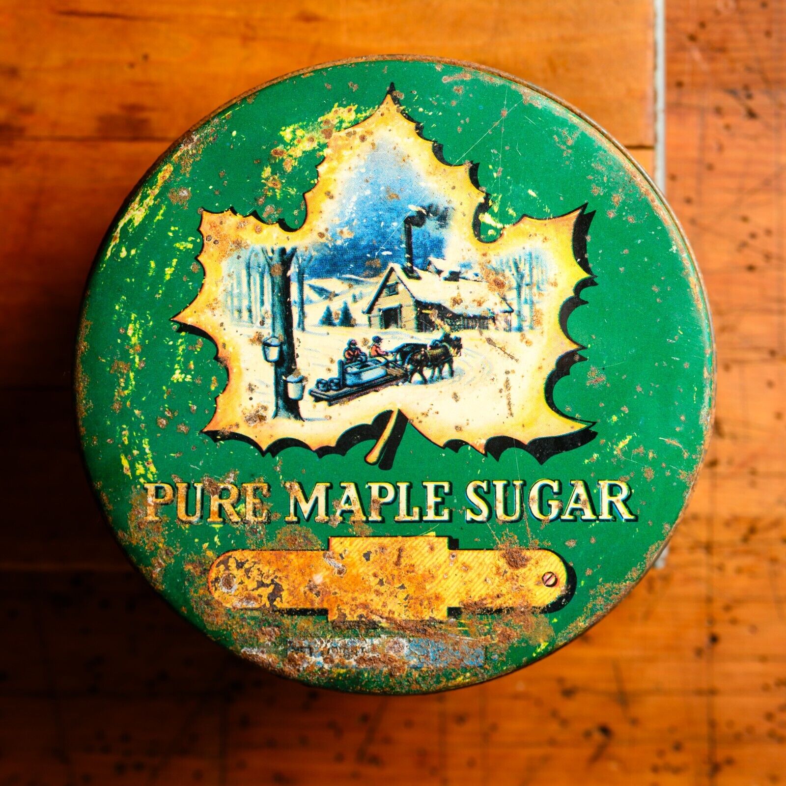 VTG Antique Vermont Maple Sugar Tin 6” Sugar House Sap Buckets Sleigh & Horse