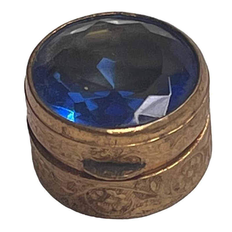 Vintage Mini Italian Brass Pill Box with Faceted Blue Glass