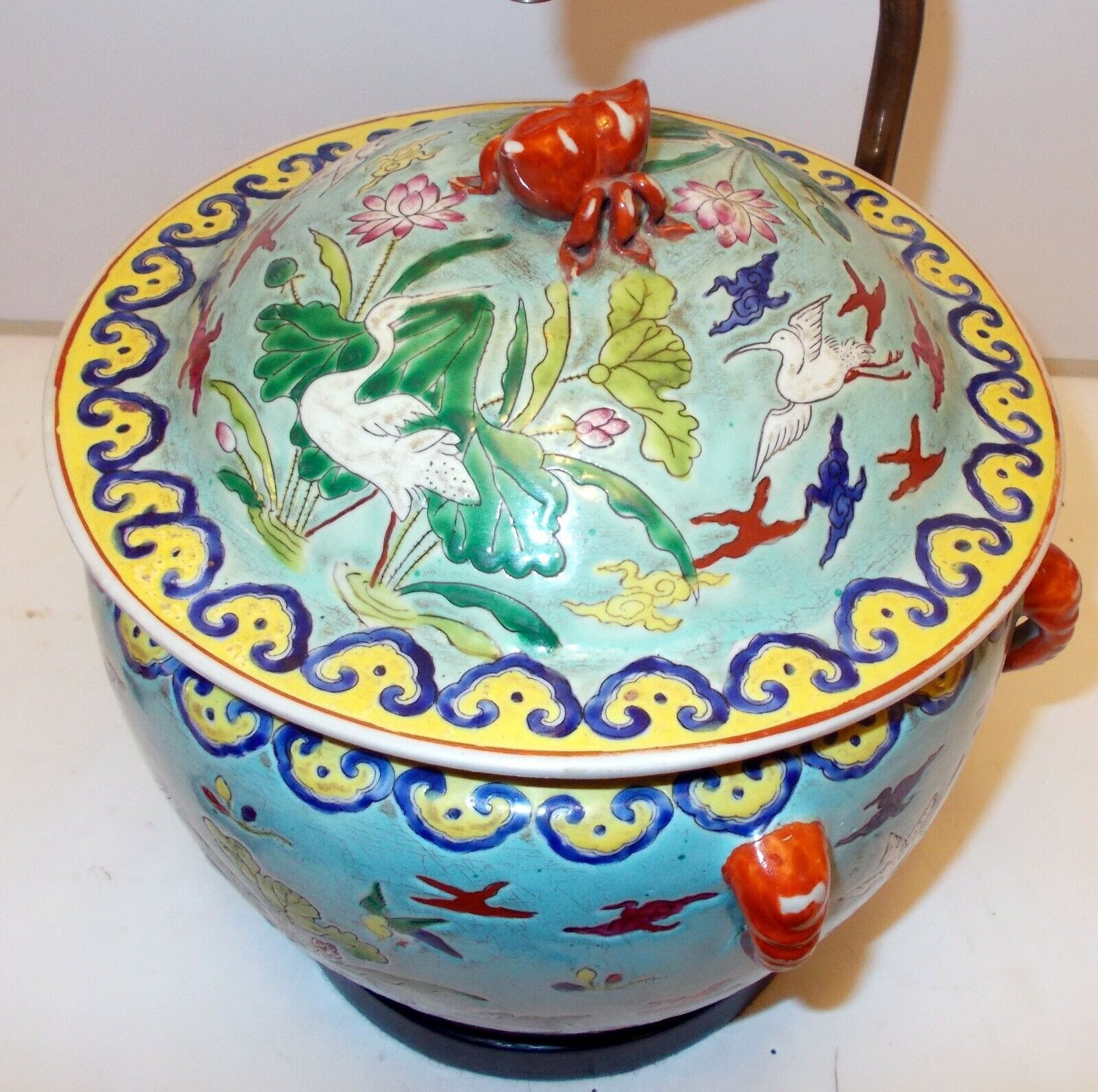 Superb Antique QING CHINESE CHINA Enamel Ceramic Jar Vase LAMP LOBSTER CRANE