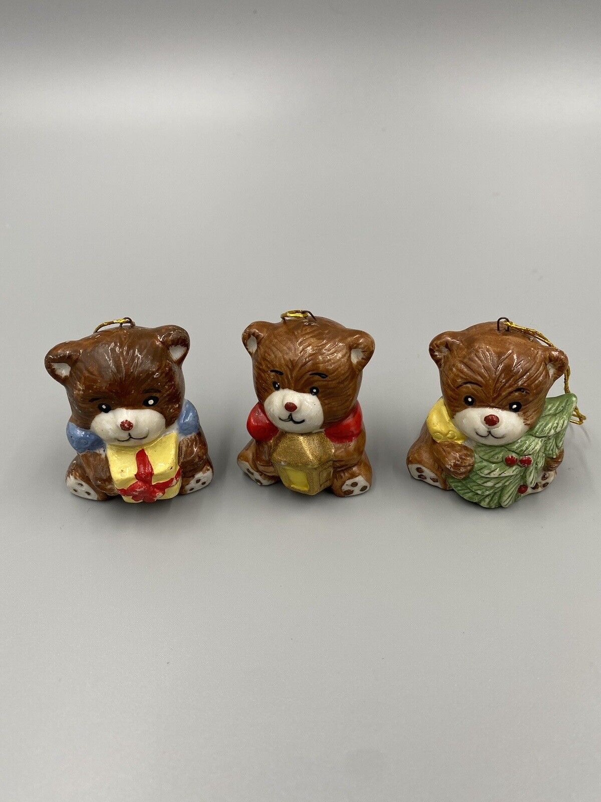 Vintage Teddy Bear Trio Porcelain Bear Christmas Ornaments Made In Taiwan