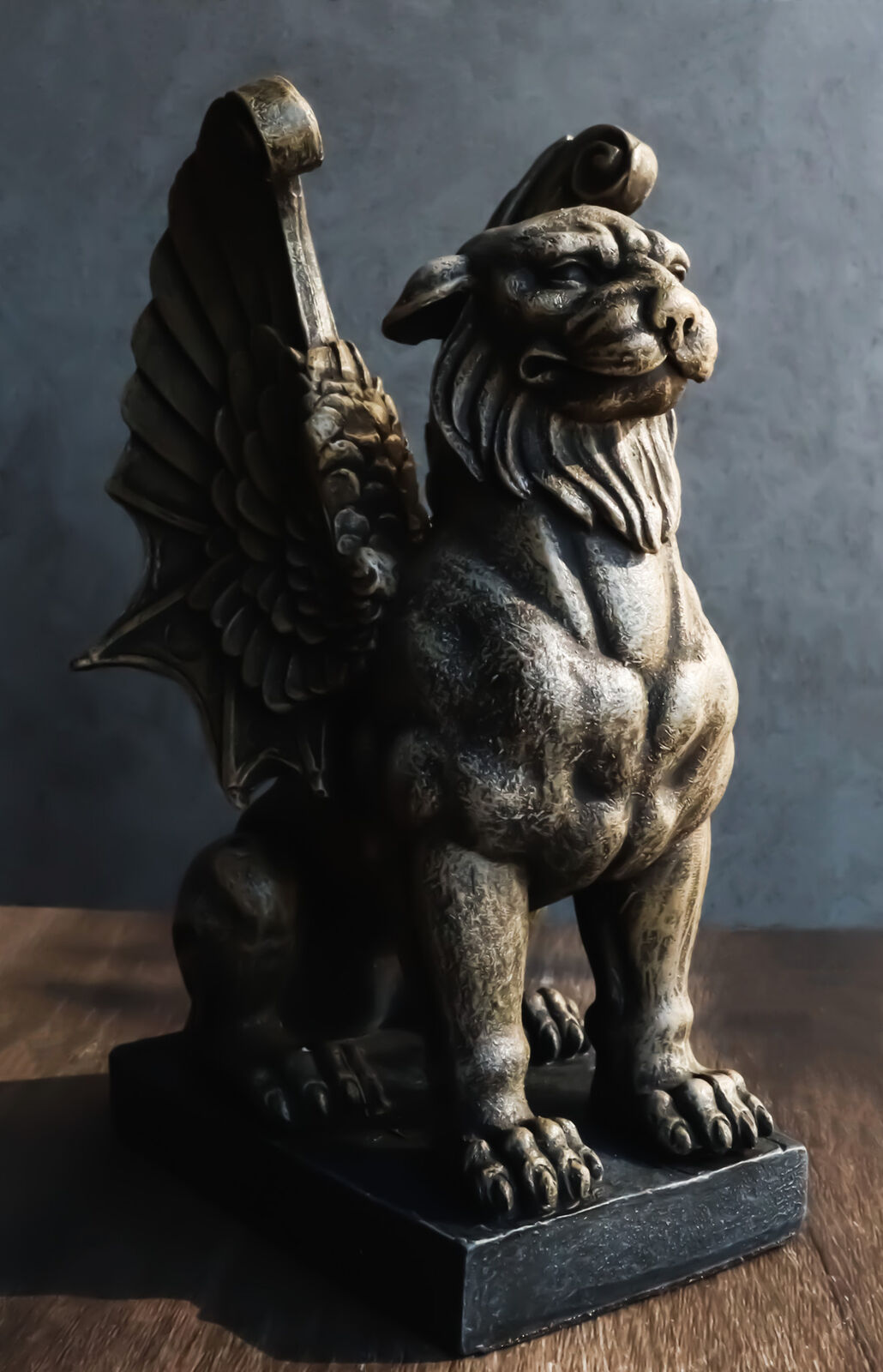 Ebros Lion Gargoyle with Griffin Wings Crouching On Pedestal Statue 6.5\