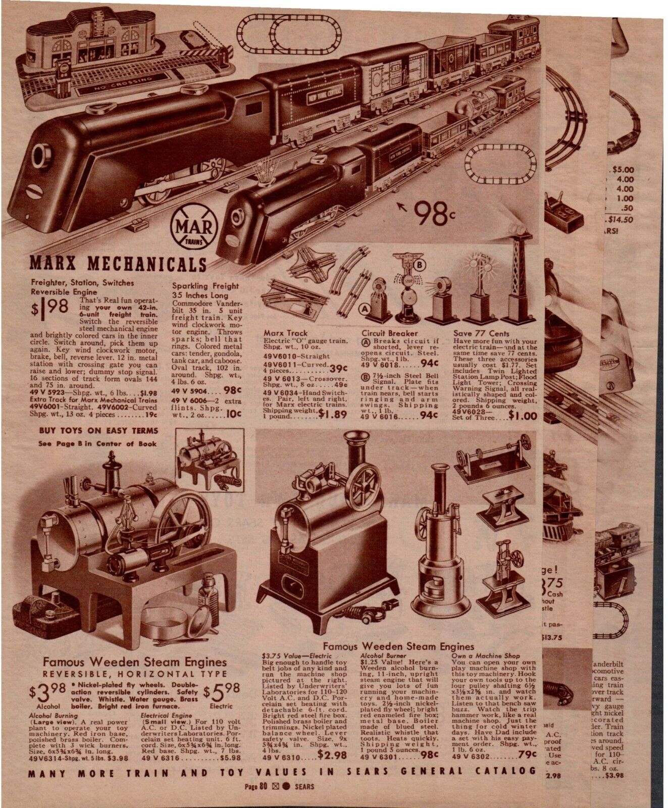 Late 1930's Sears Catalog Page #79-84 Lionel and Marx Electric Train Set Toys
