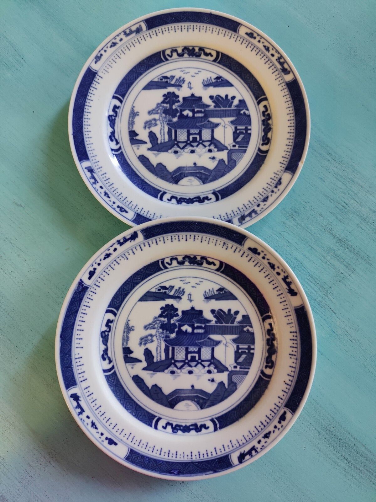 Pair Of Authentic Vintage Chinese Transferware Blue & White Porcelain Plates 9\