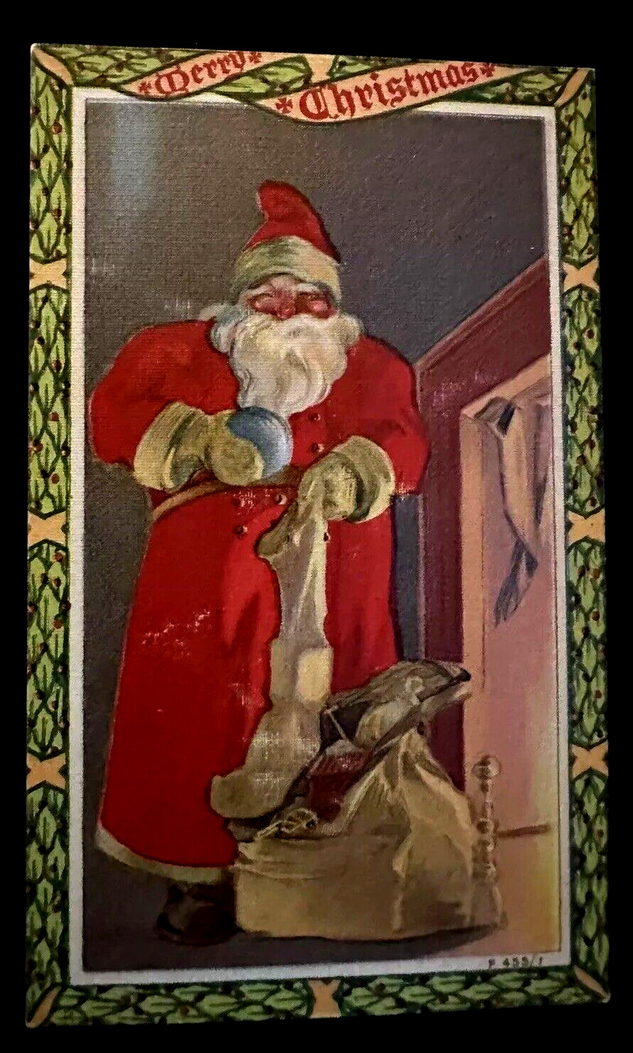 Long Red Robe Santa Claus Fills Stocking~Antique 1907  Christmas Postcard~k728