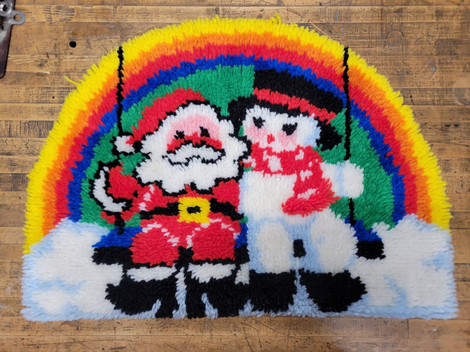 Vintage Santa And Frosty On Chairlift With Rainbow Latch Hook Rug Half Circle