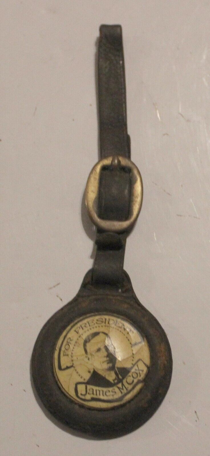 James M Cox for President Real Photo Watch Fob Button Leather Rare Antique