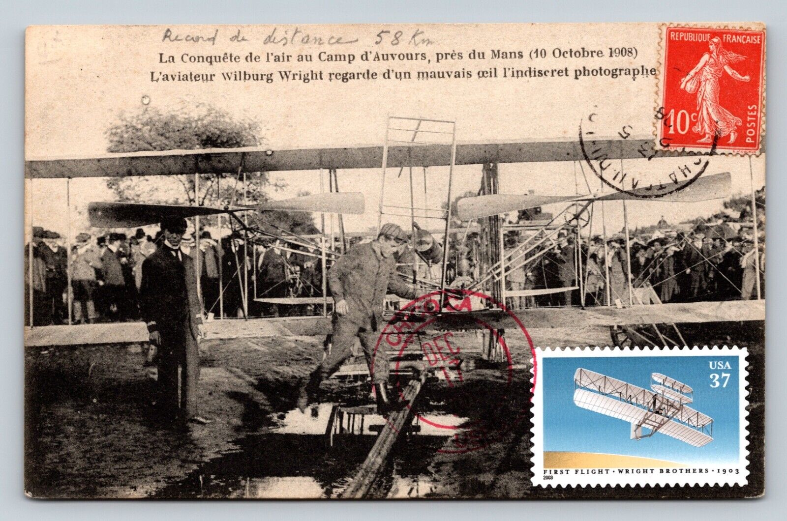 c1908 Wilburg Wright Airplane Record Distance Resent 2003 RARE ANTIQUE Postcard