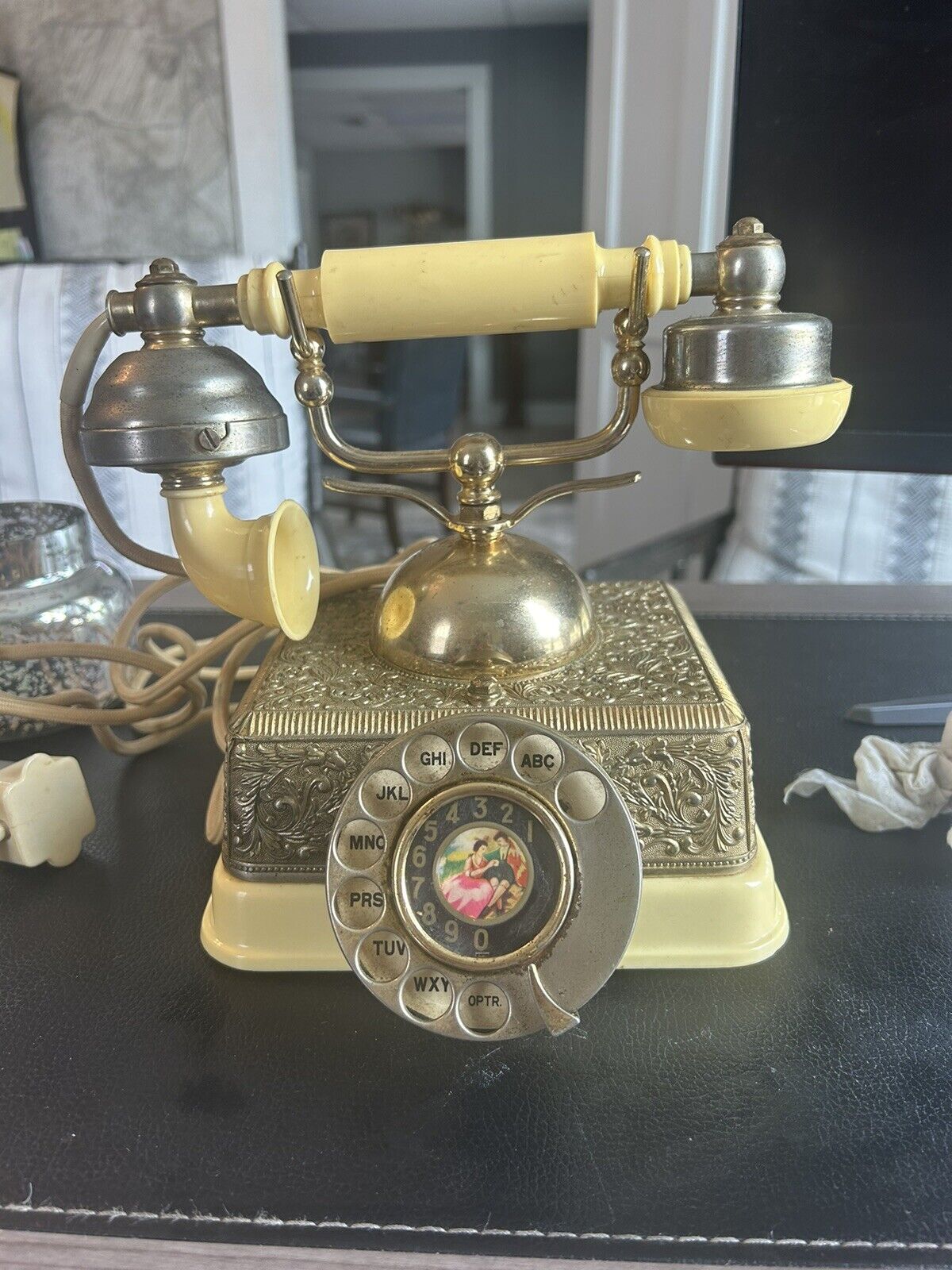 Vintage FRENCH CONTINENTAL Victorian Style Rotary Phone Brass With Cords
