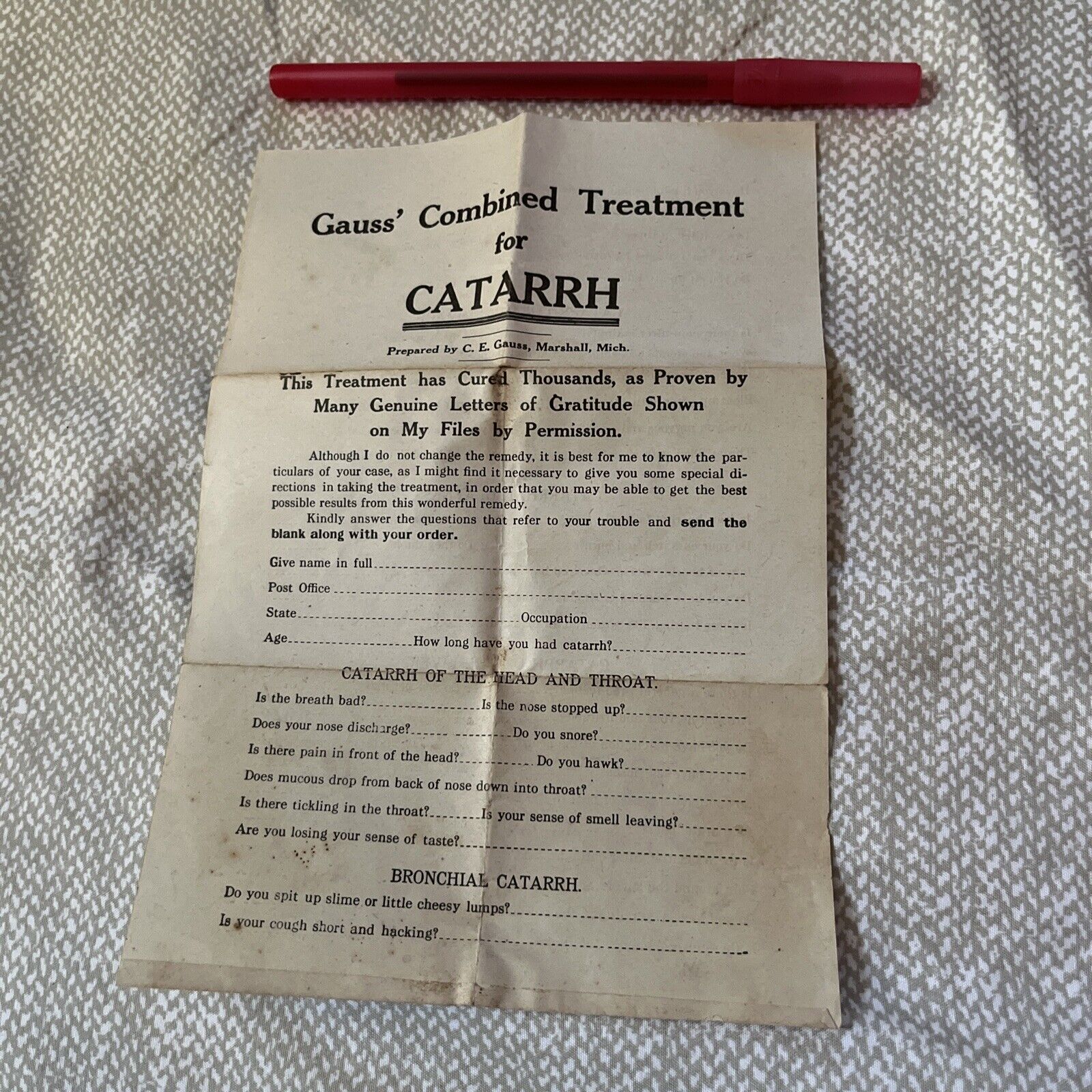 Antique C.E. Gauss’ Combined Treatment for Catarrh - Questionnaire Advertisement