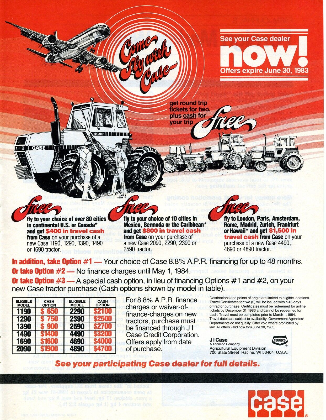 1983 Print Ad of Case 4690 & 2390 Farm Tractor Free Airfare Tickets