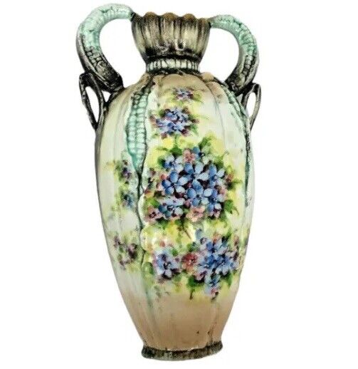 Antique Hungarian Majolica Pierced Corn Vase 3027 Double Handled Urn Floral