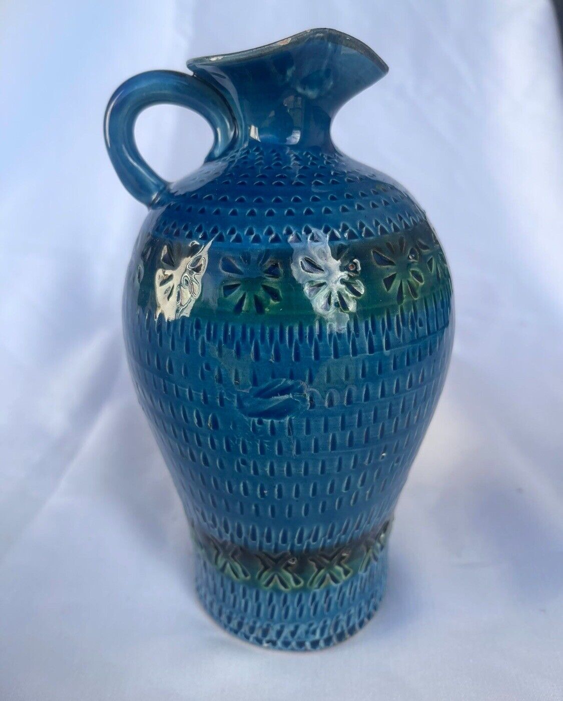 Rare Ceramic Blue Glazed Pitcher By Italian Artist Aldo Londi-Rimini