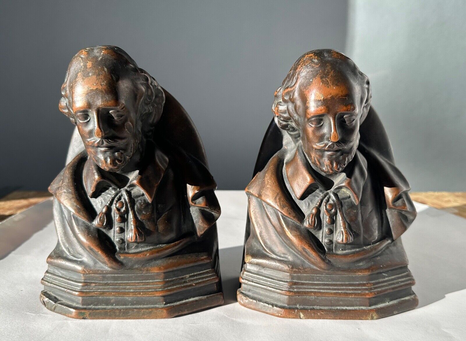 vintage SHAKESPEARE BOOKENDS, bronze-clad from Marion Bronze Co., New Jersey