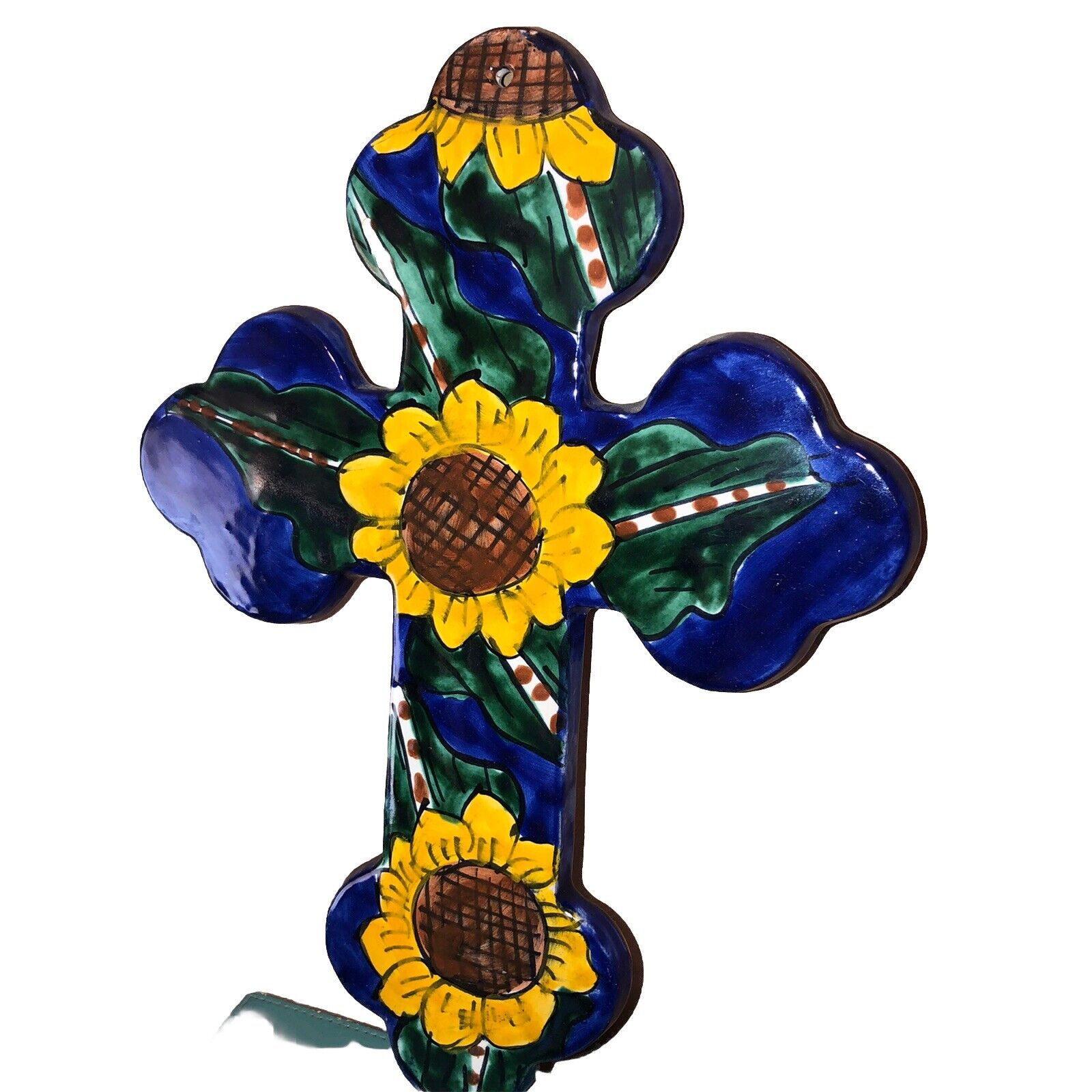 Vintage Sunflower & Cobalt Blue Mexico Red Clay Pottery Cross Nice