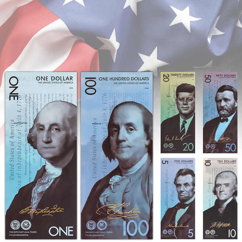 6pcs US President PVC Banknotes USD 1/5/10/20/50/100 Colorful Set Gold Banknote
