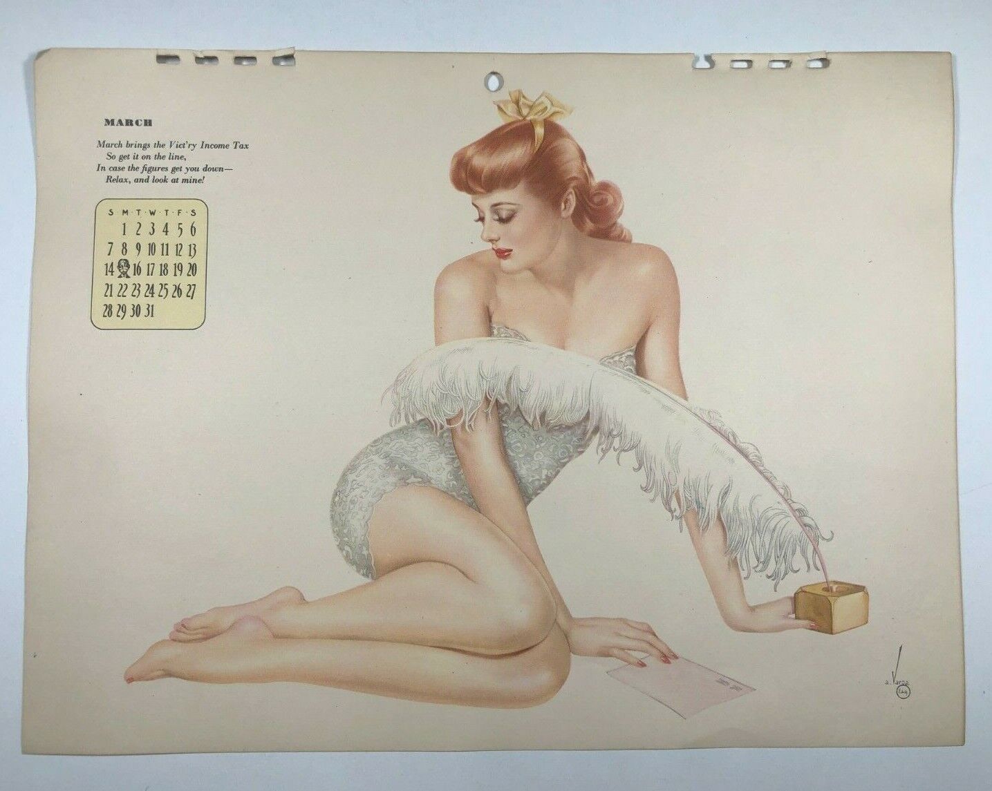March 1943 Varga Pinup Girl Calendar Page Red Head w/ Feather Pen  E