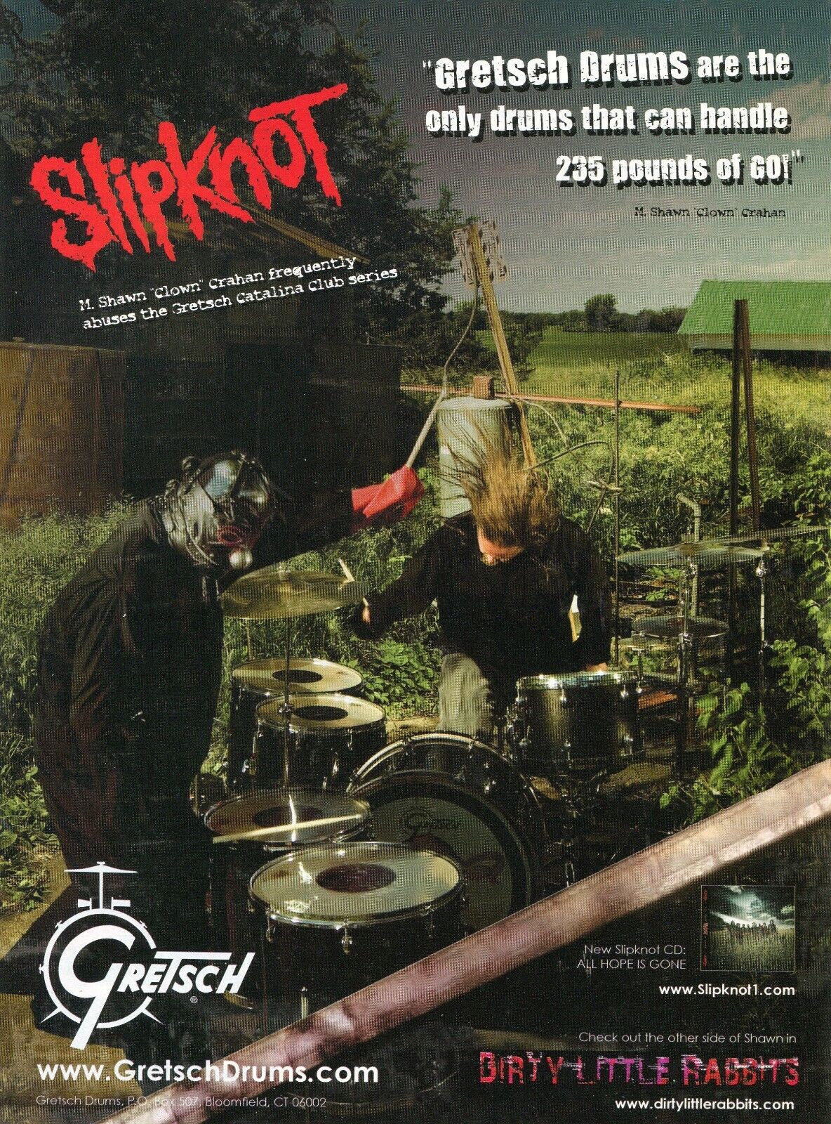 2009 Print Ad of Gretsch Catalina Club Drums w M Shawn Clown Crahan Slipknot