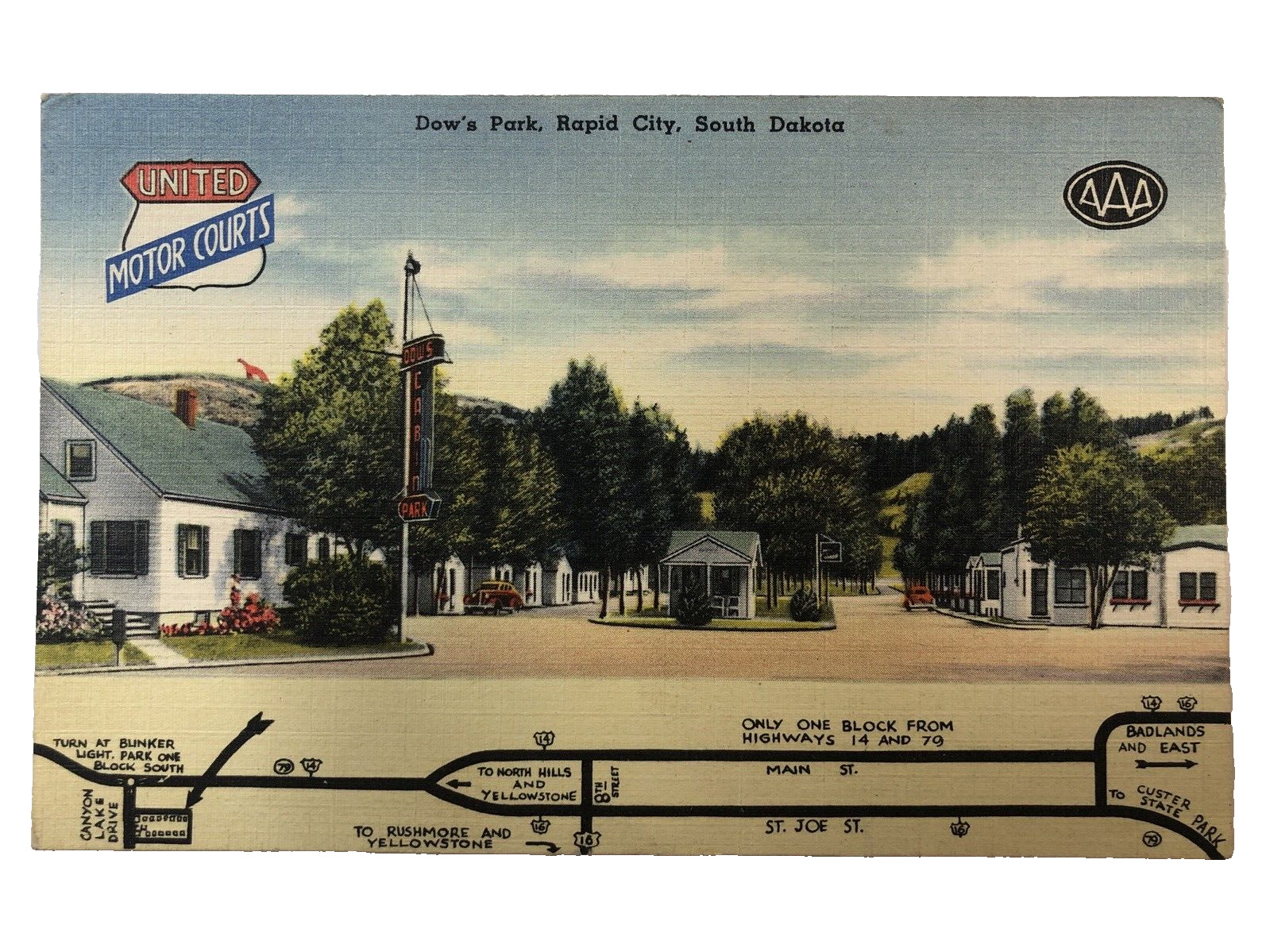 Rapid City South Dakota Dow\'s Park Motel linen postcard AAA Map Posted
