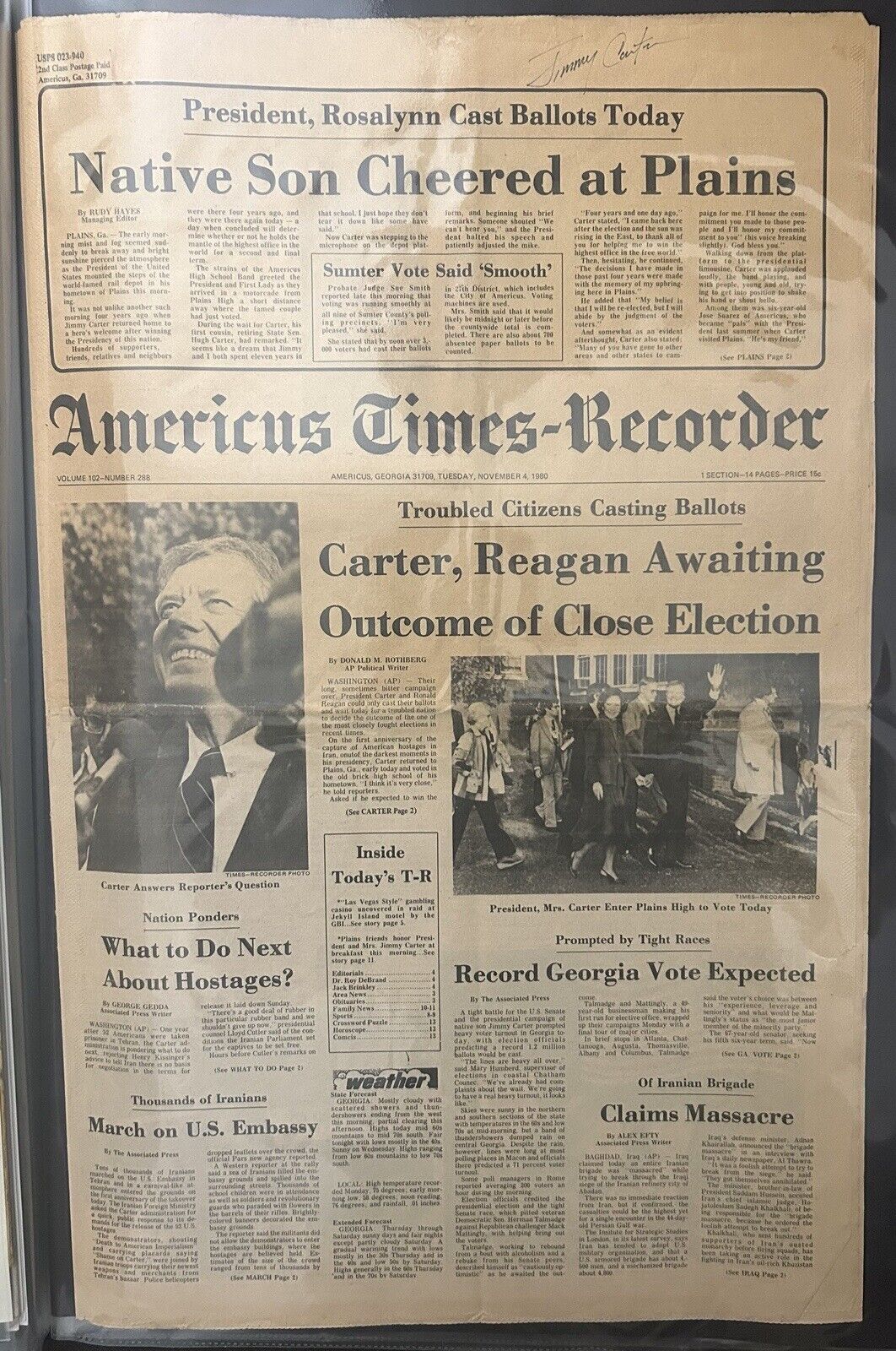 Jimmy Carter Signed Americus, GA 1980 Election Newspaper Rare Full Signature