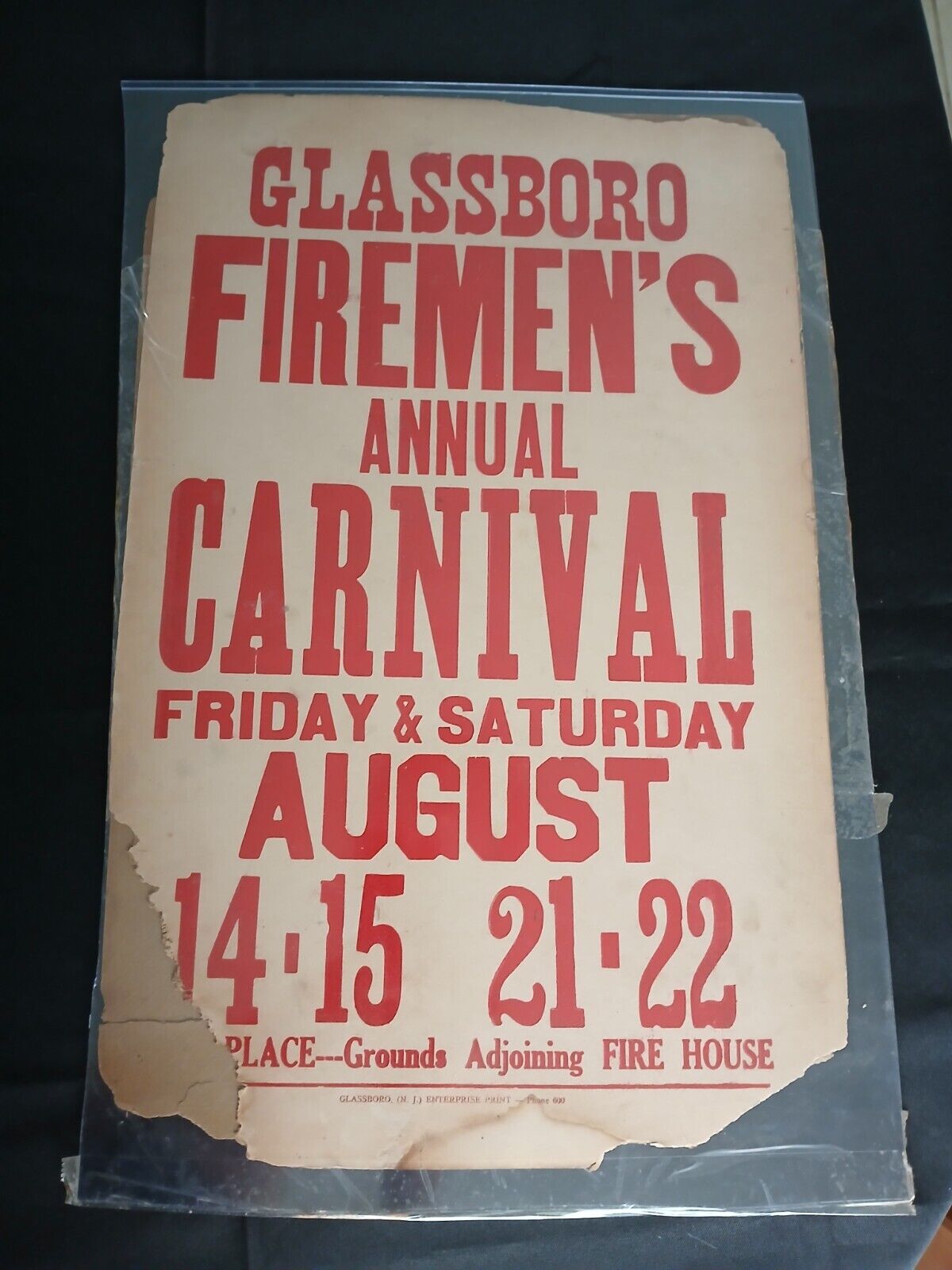 2 Antique Fireman's Annual Carnival Posters Signs Glassboro NJ 3 Digit Phone # 