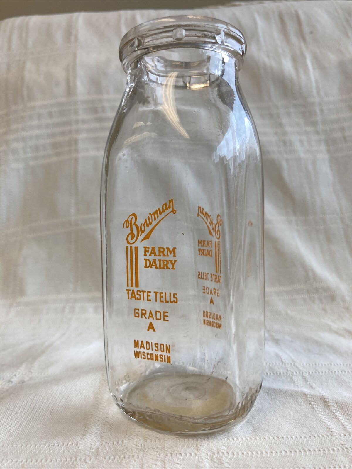 Vintage Half Pint Milk Bottle Bowman Farm Dairy Madison Wisconsin