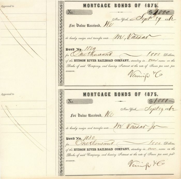 Hudson River Railroad Co. Transferred to M. Vassar Jr. - Bond Transfer - Autogra