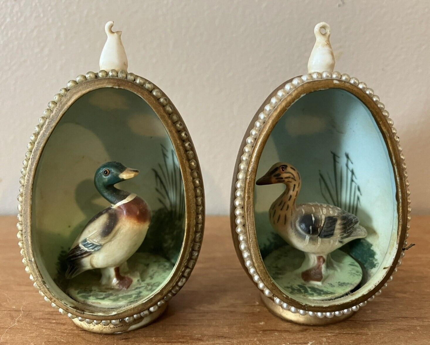 Lot of 2 - Vintage Duck In Egg Shaped Diorama - Genuine Bone China Japan