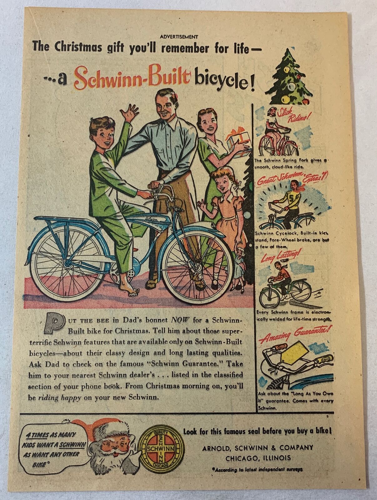 1948 SCHWINN BUILT BICYCLE ad page ~ Christmas tree and Santa