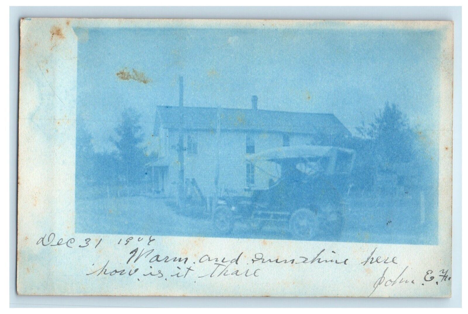 1906 View Of House And Car Cyanotype Boston Springville NY RPPC Photo Postcard