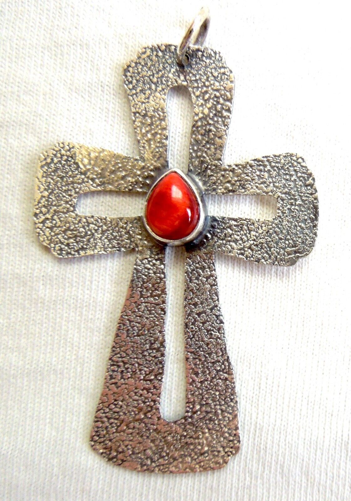 Navajo STERLING Cross Pendant * Red Spiny Oyster* Hammered Textured *TAWNEY CRUZ